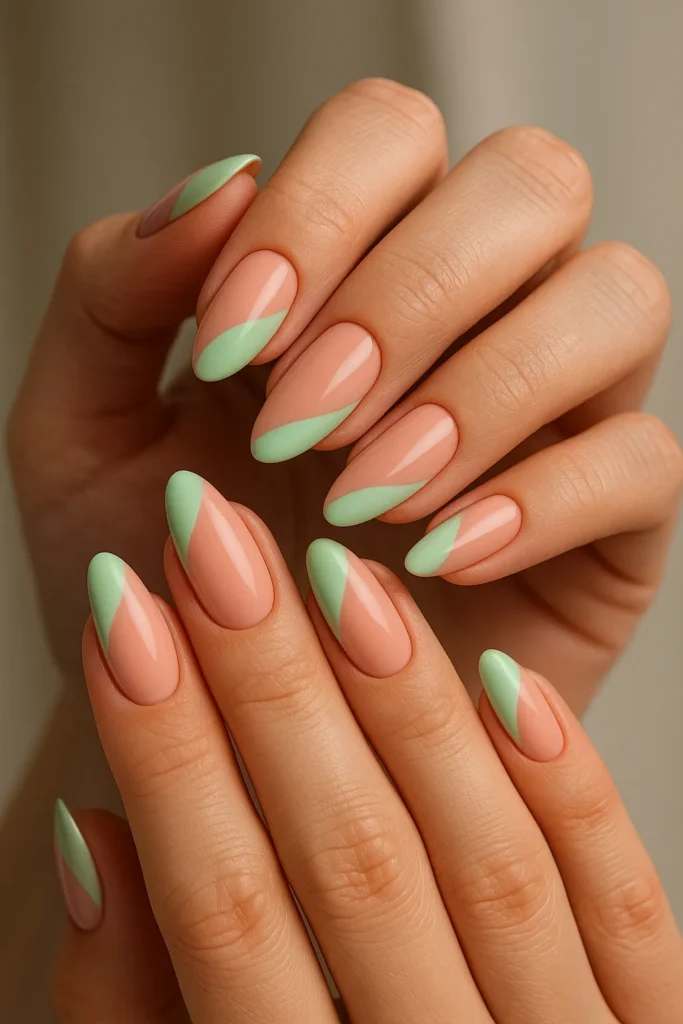 Soft Peach & Mint Green Wavy French Tips