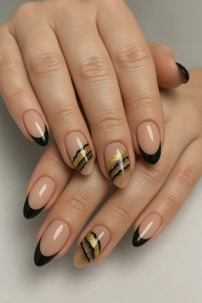 Black French Tips with Gold Marble Accent