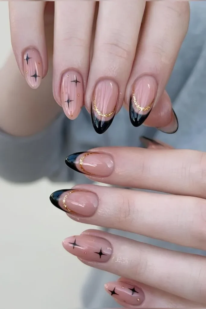 Celestial Black and Gold French Nails