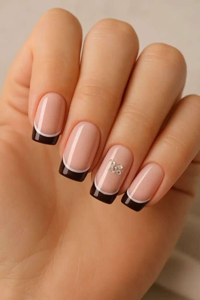Chrome French Manicure with Rhinestone Accent