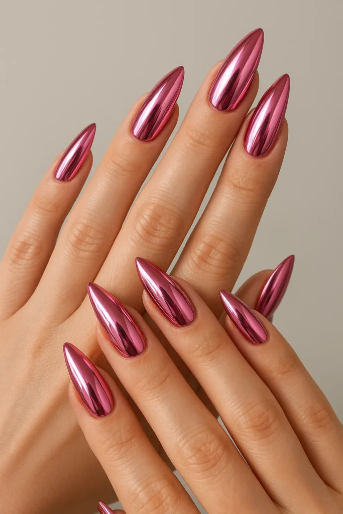 Chrome Rose Stiletto Nails