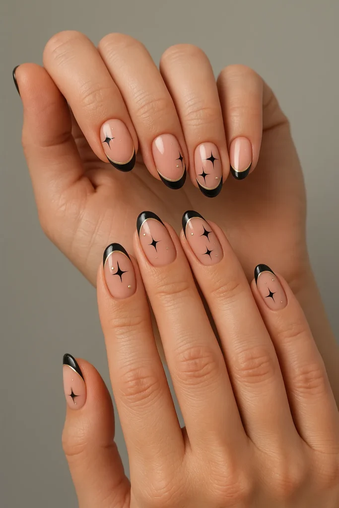 Elegant Black Star Nail Art with Gold Accents