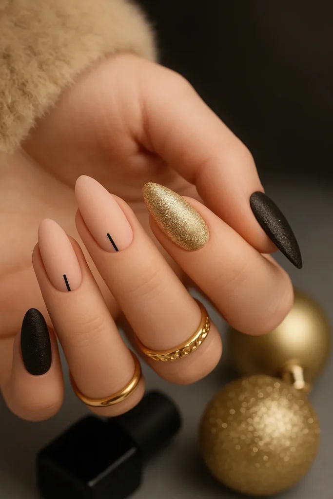 Elegant Black and Gold Almond Nails