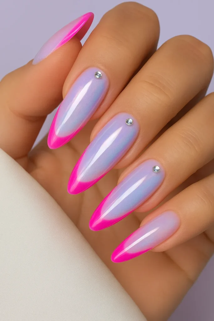 Iridescent Pink-Tipped Almond Nails with Rhinestone Accents