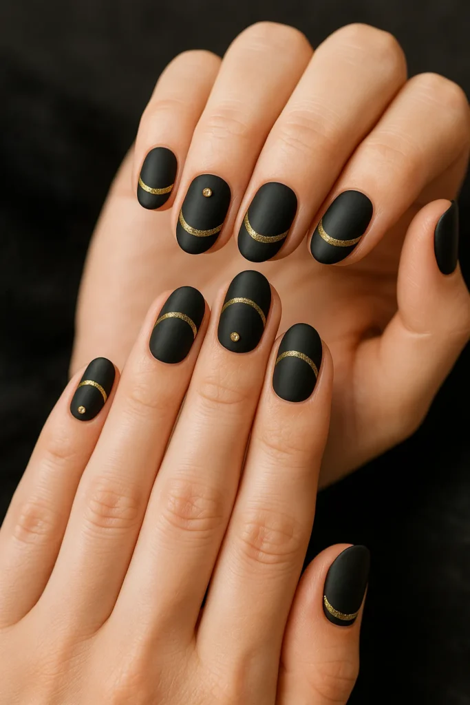 Matte Black & Gold Crescent Nails