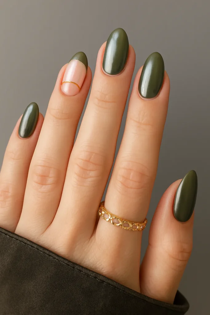 Olive Luxe Chrome Nails with Gold Accent
