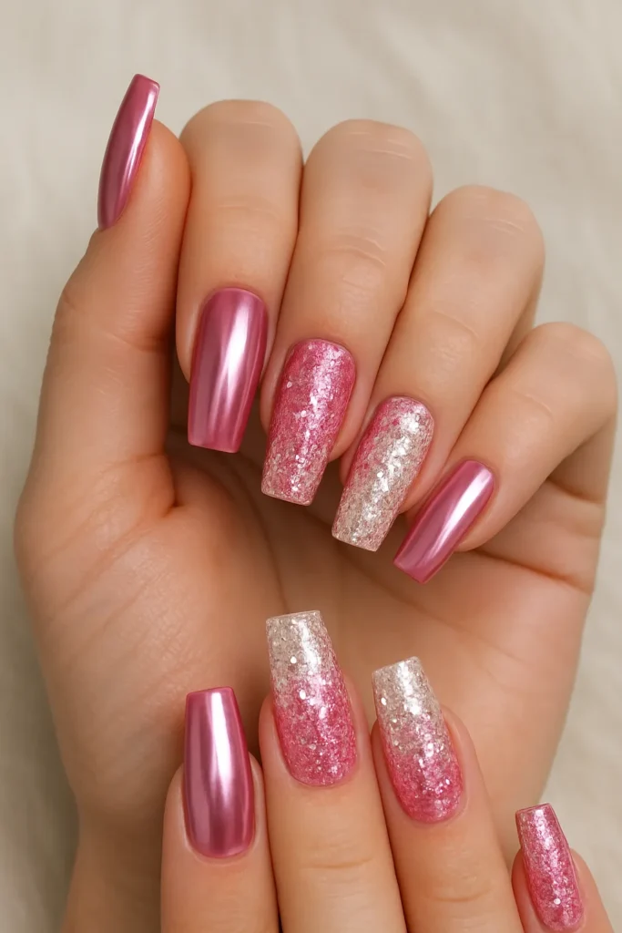 Pink Chrome & Glitter Gradient Acrylic Nails