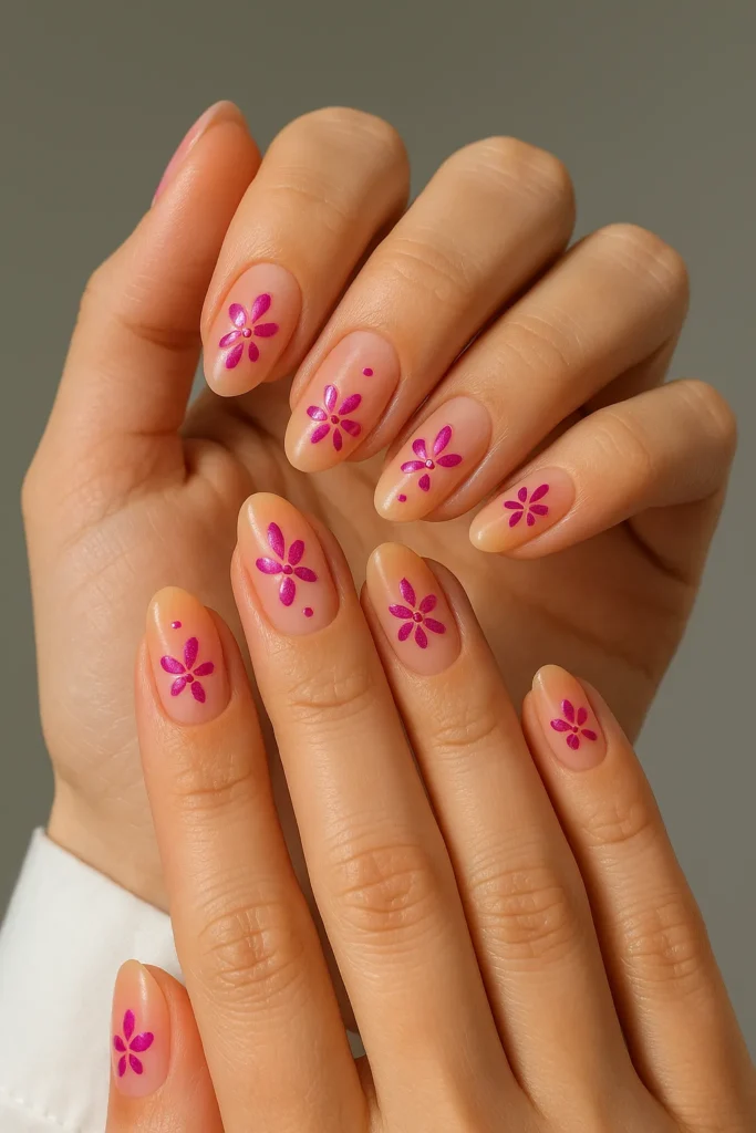 Pink Floral Nail Art on Oval Tips