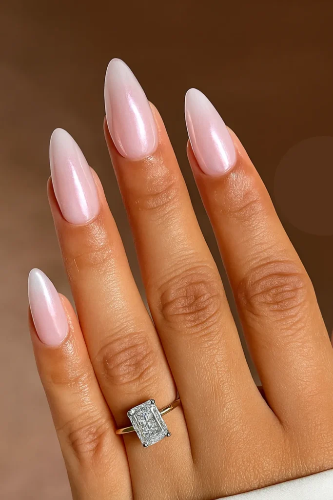 Soft Pearl White Chrome Almond Nails