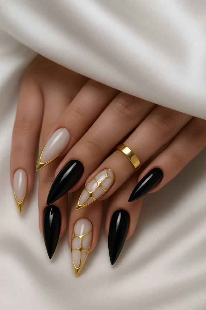 Stiletto Nails in Black & White & Gold