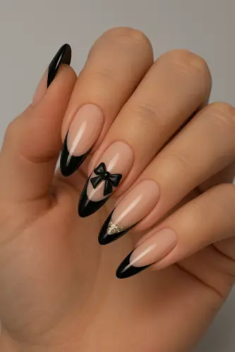 Black French Tip Nails with Gold Glitter and Bow Black French Tip Nails with Gold Glitter and Bow